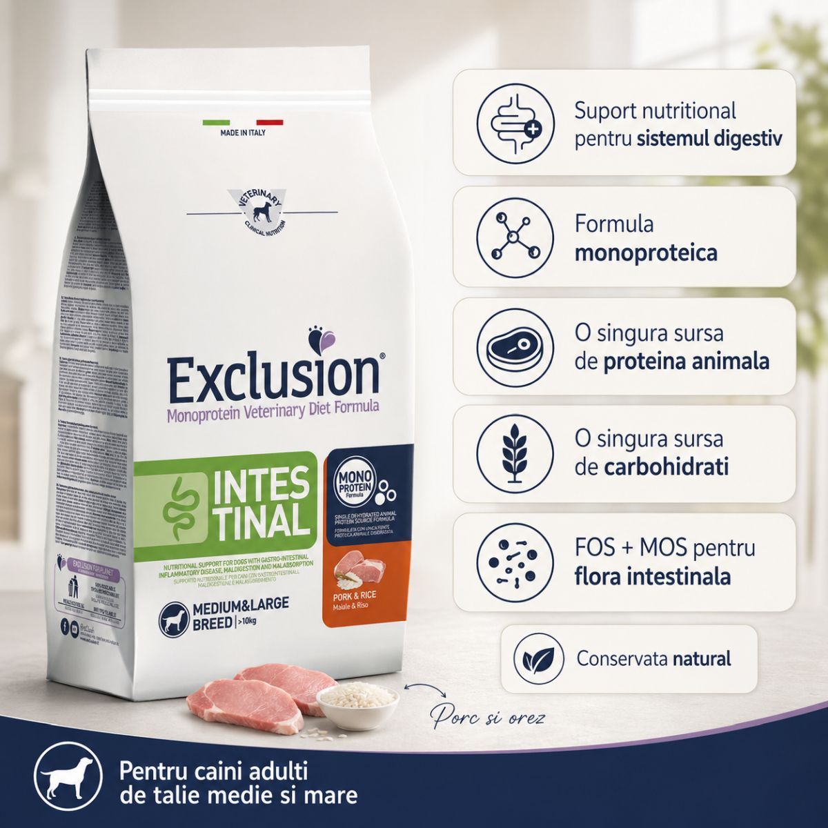 EXCLUSION Monoprotein VD Intestinal, Porc și Orez, dietă veterinară, hrană uscată pisici, sistem digestiv, 1.5kg